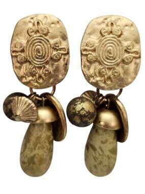 Matte Gold Tone Tribal Oval Coin Clip On Disc Ball Charm Dangle Earrings J655